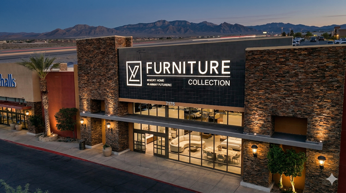 LV Furniture Collection Las Vegas storefront at dusk