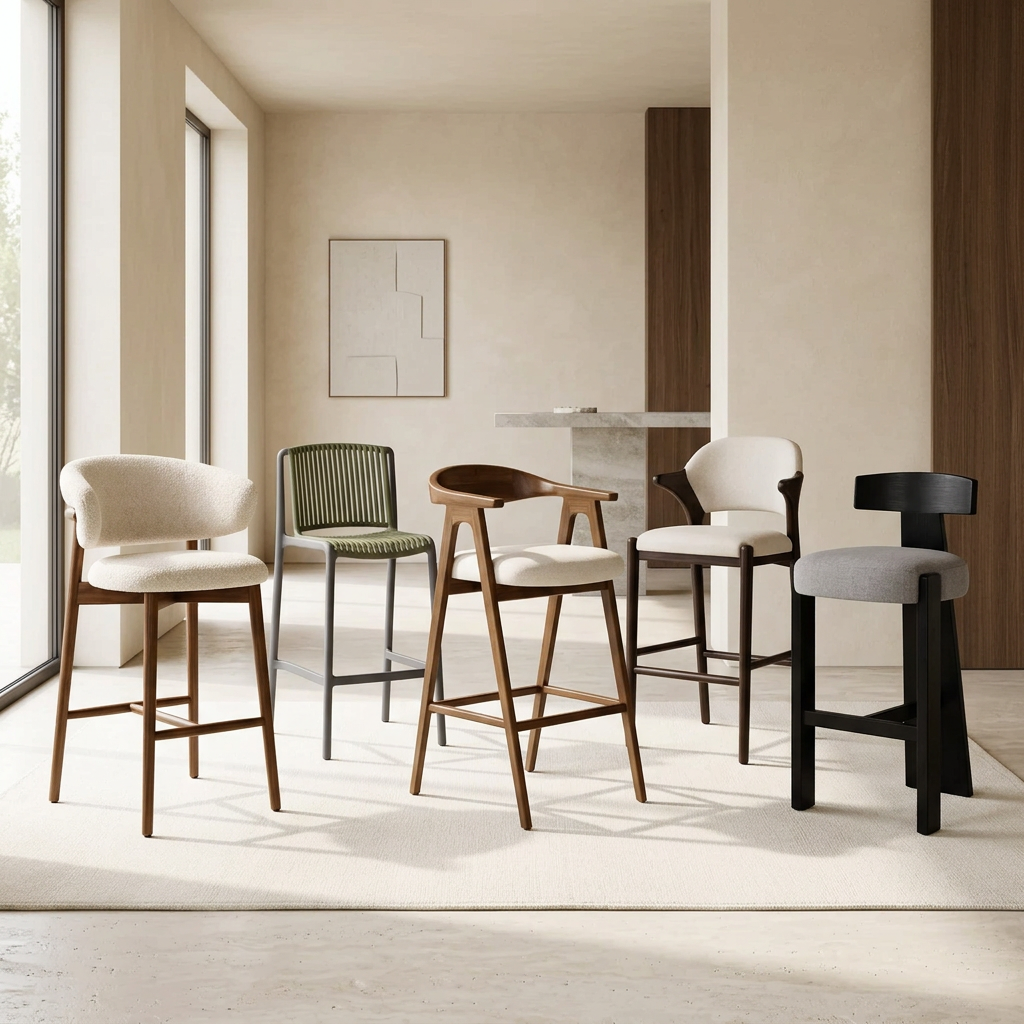 Umbria, Bravelle, Tivoli, Siena and Versailles Noir bar stools styled in a room