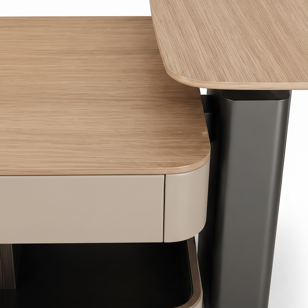 03 Grevane Coffee Table walnut veneer and saddle leather edge detail