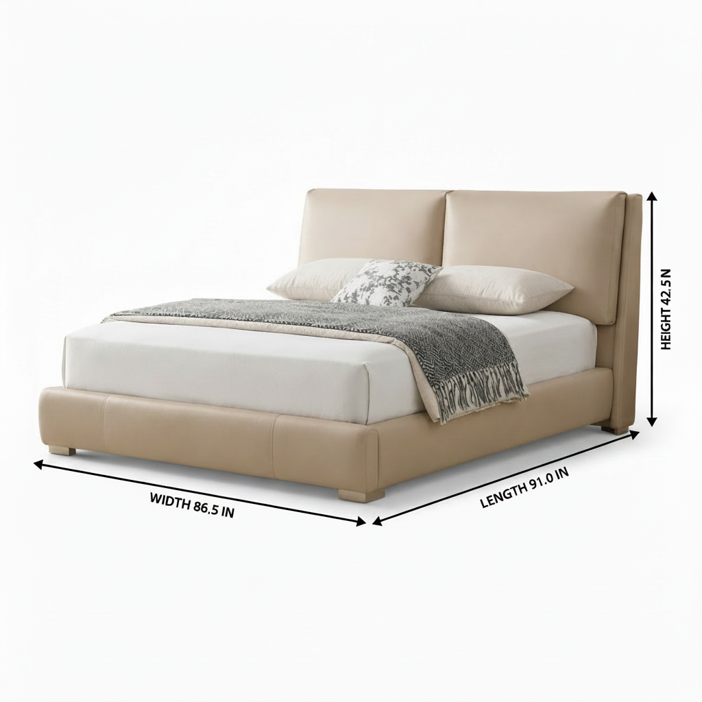 Alcott Bed dimension diagram showing Width 86.5 in, Length 91.0 in, and Height 42.5 in on a white background.