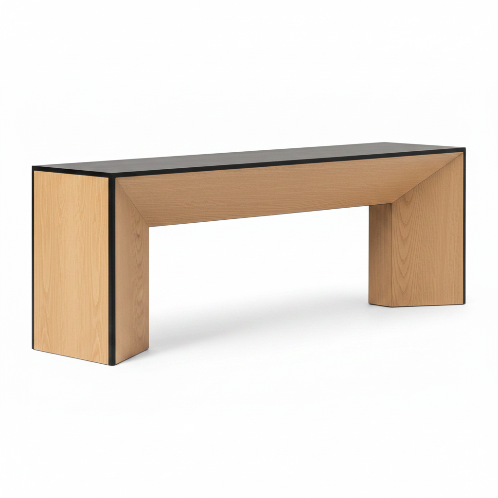 Alerisse Bench light wood side profile with black trim and open base on white background