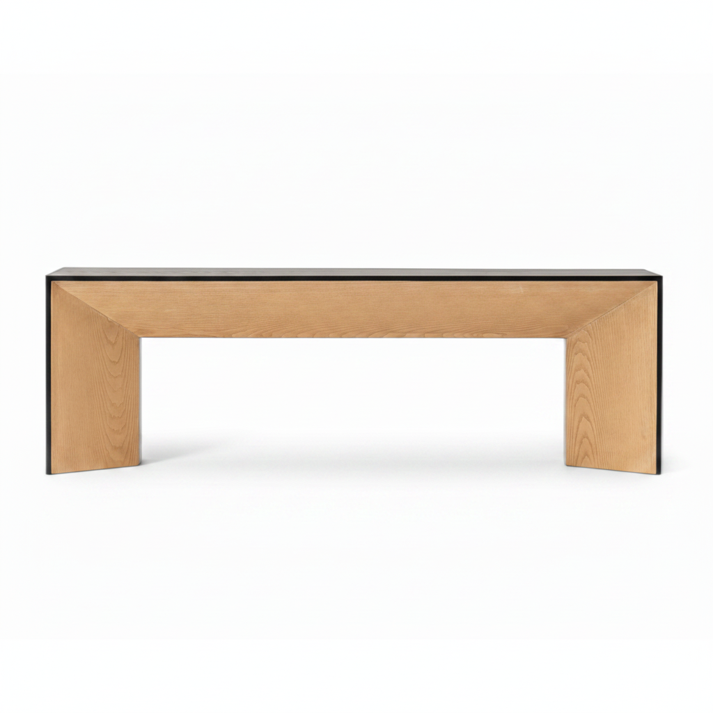 Alerisse Bench wooden console bench in light wood with black trim, front three-quarter view on white background