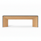 Alerisse Bench wooden console bench in light wood with black trim, front three-quarter view on white background
