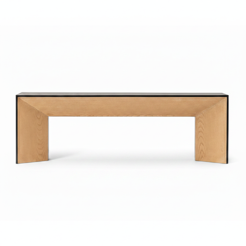 Alerisse Bench wooden console bench in light wood with black trim, front three-quarter view on white background