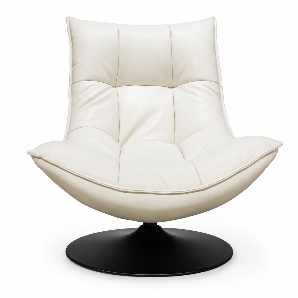 Alverique Accent Chair with leather upholstery, a cushioned backrest, curved arms, and a black base on a white background.