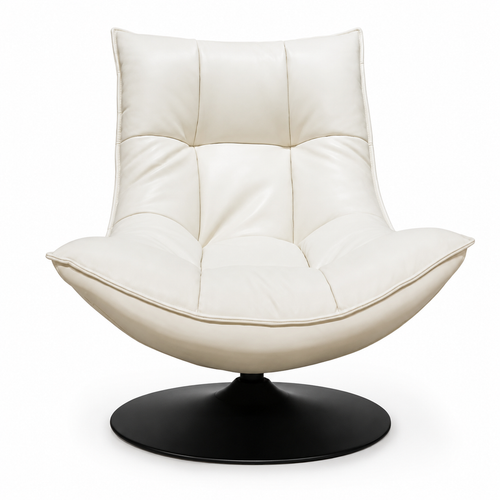 Alverique Accent Chair with leather upholstery, a cushioned backrest, curved arms, and a black base on a white background.