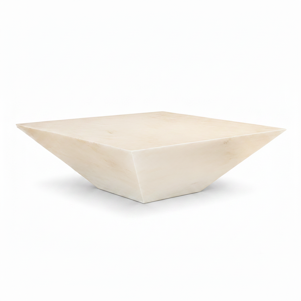 Arvessa Coffee Table front 3/4 angle view showing natural stone square form with creamy white alabaster texture