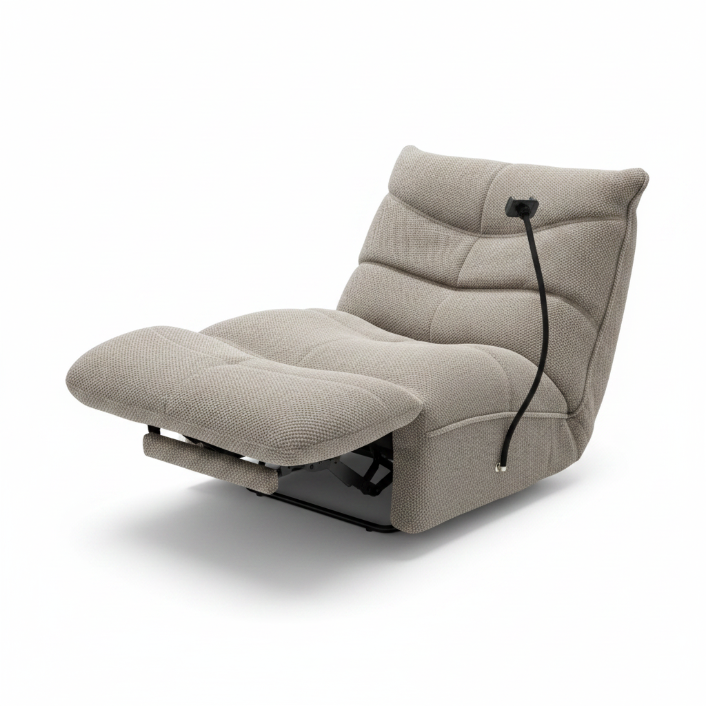 Aubecourt Accent Chair upholstered reclining chair with segmented backrest, side control cable, and extended footrest on a white background