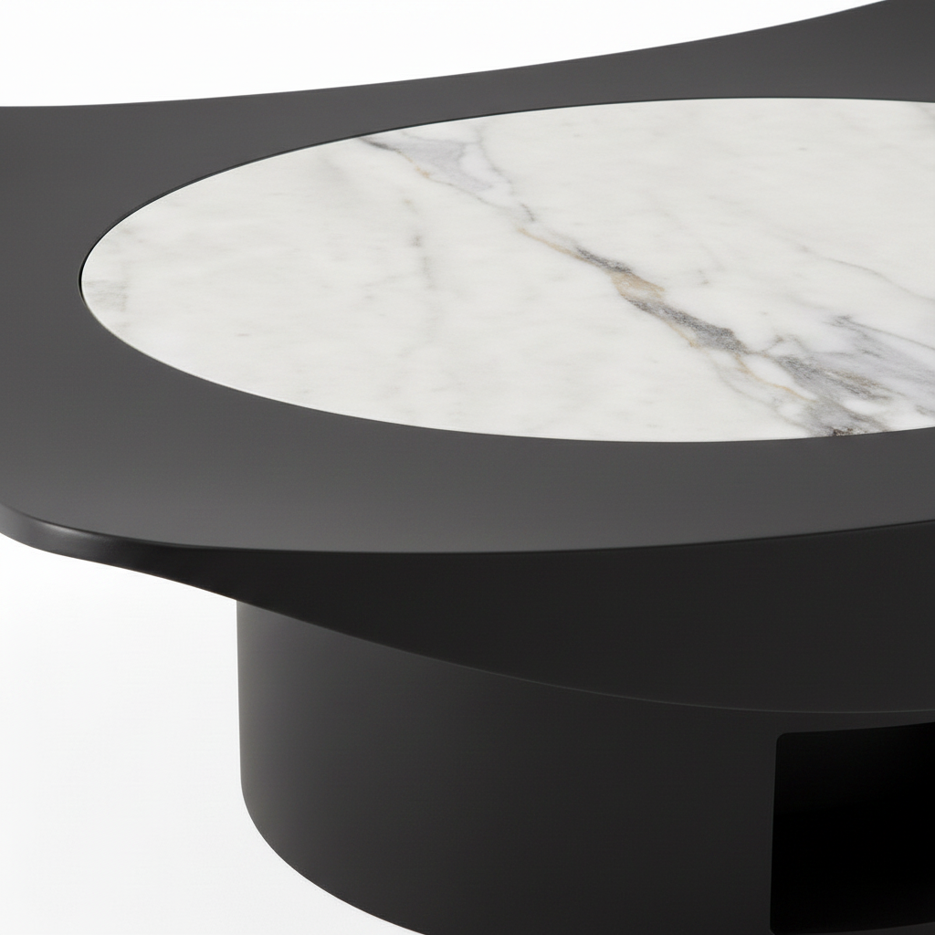 Aurevaux Coffee Table white inset and curved black tabletop edge detail