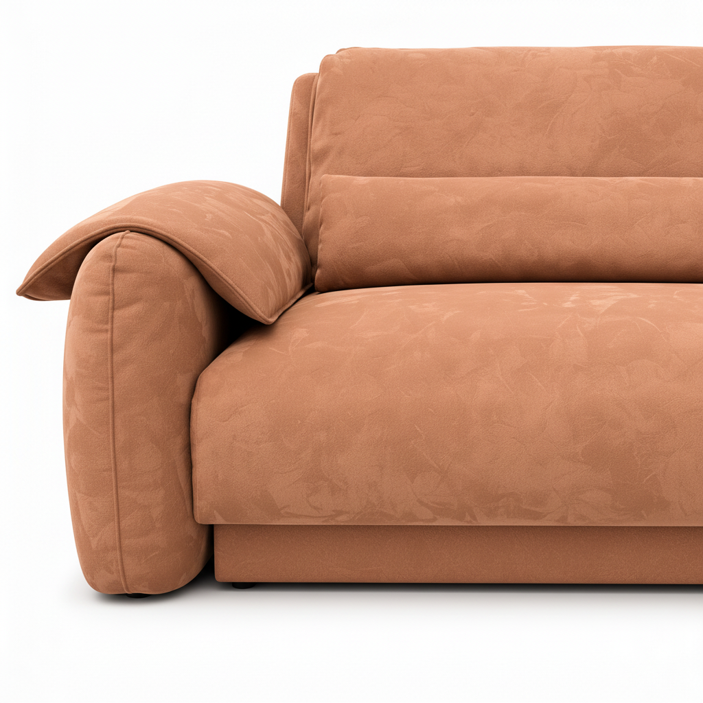 Averique Sofa terracotta fabric right arm and draped edge close-up
