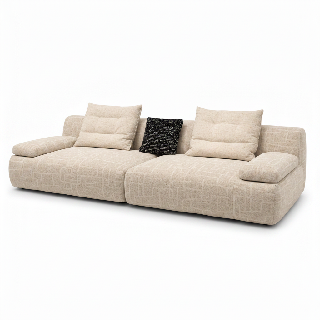 Belmora Sofa in ivory woven fabric, wide right-front 45-degree view