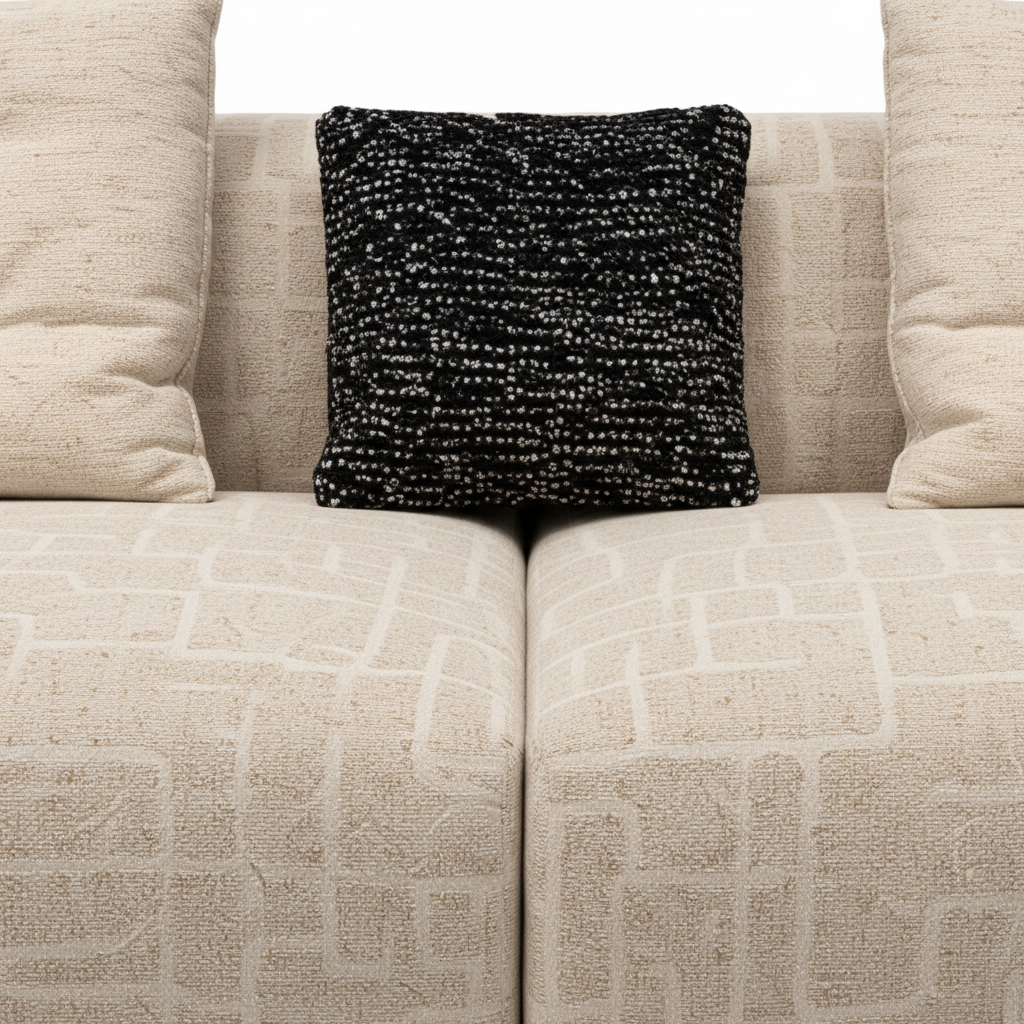 Belmora Sofa ivory woven fabric center seam and black pillow texture close-up