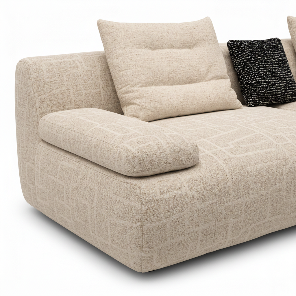Belmora Sofa ivory woven fabric arm cushion and side base close-up