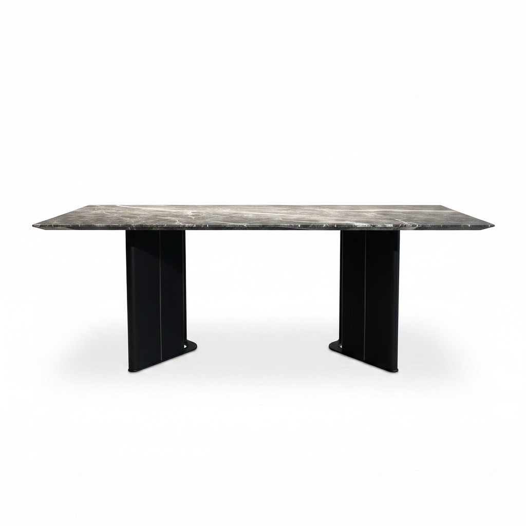 Bravura Wood Dining Table in a straight-on front view with true wood and marble color on a white background