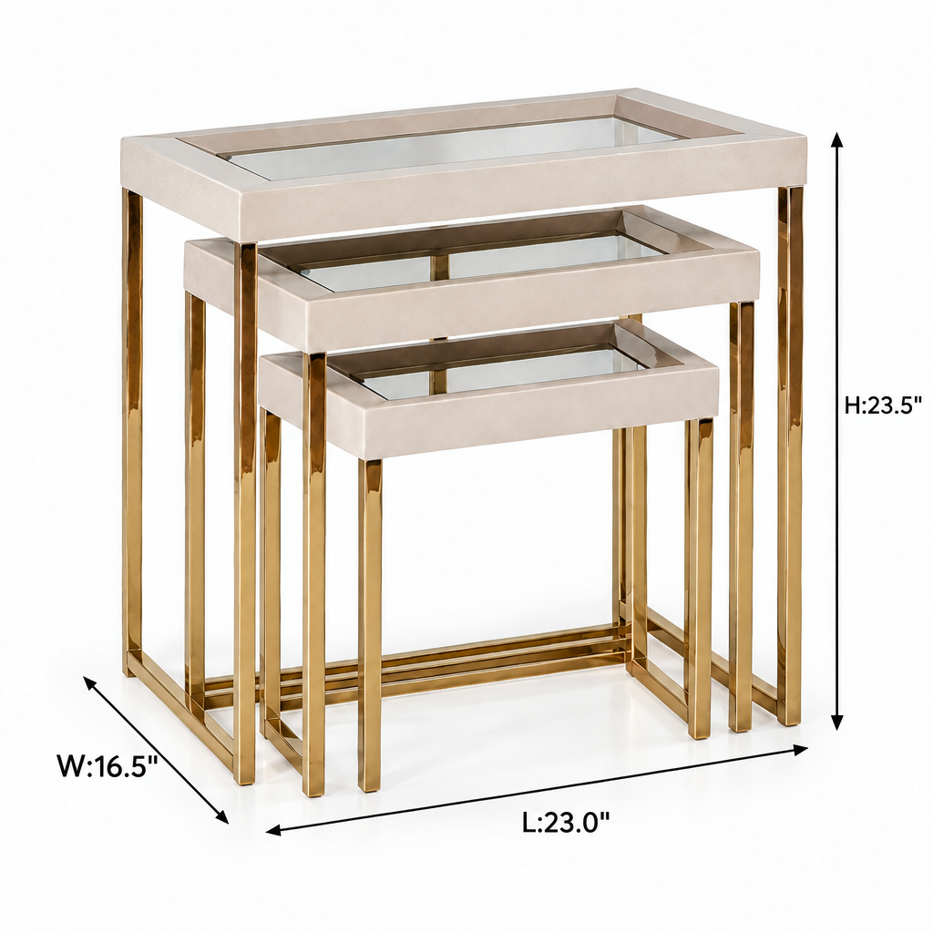 Carmela Nesting Tables Shimmer Ivory dimensions: L 23 inches, W 16.5 inches, H 23.5 inches.