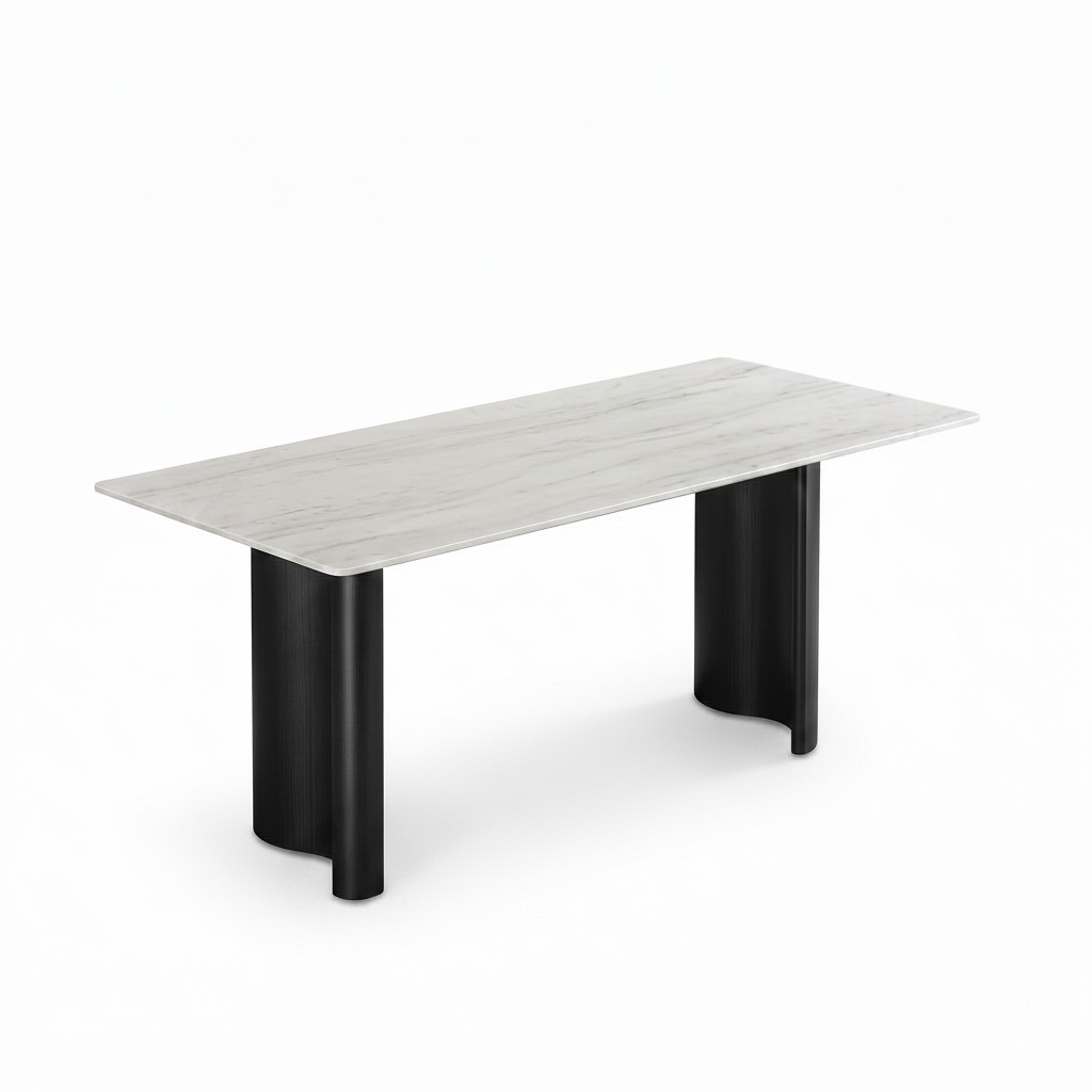 Caspian Marble Dining Table white background 45 degree three quarter view