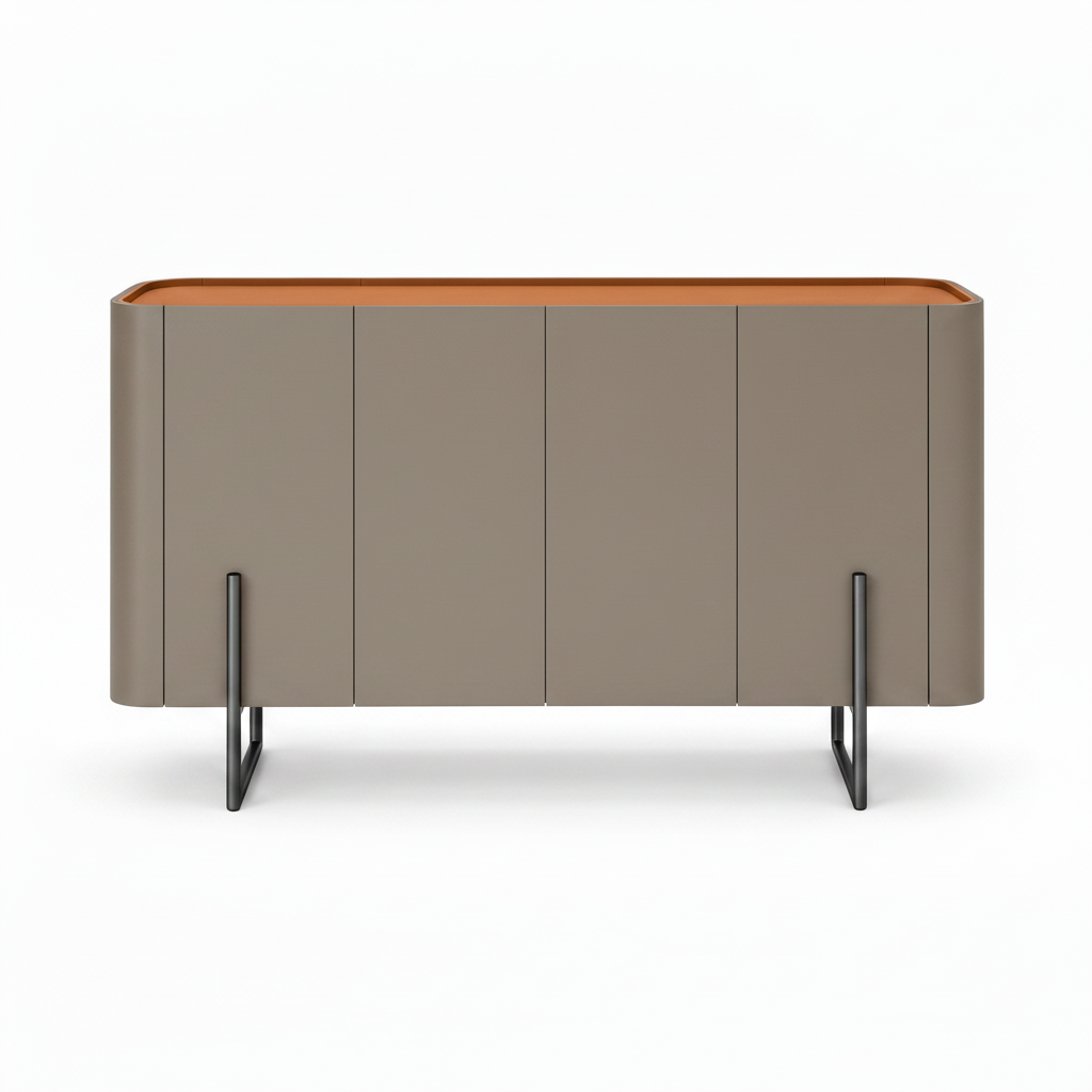 Coralie Sideboard front view showing the curved cabinet, saddle leather top, dark handles, and stainless steel legs on a white background.
