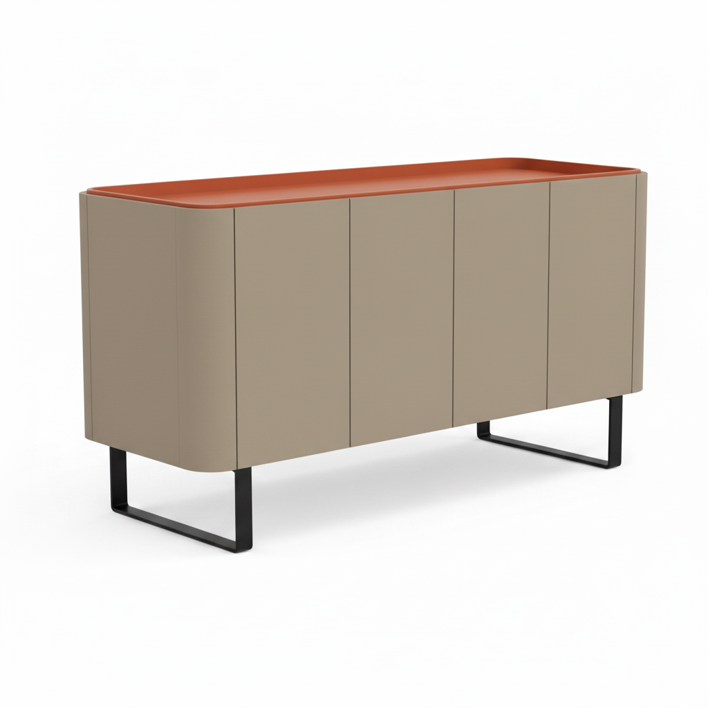 Coralie Sideboard left side view showing the curved cabinet, saddle leather top, dark handles, and stainless steel legs on a white background.