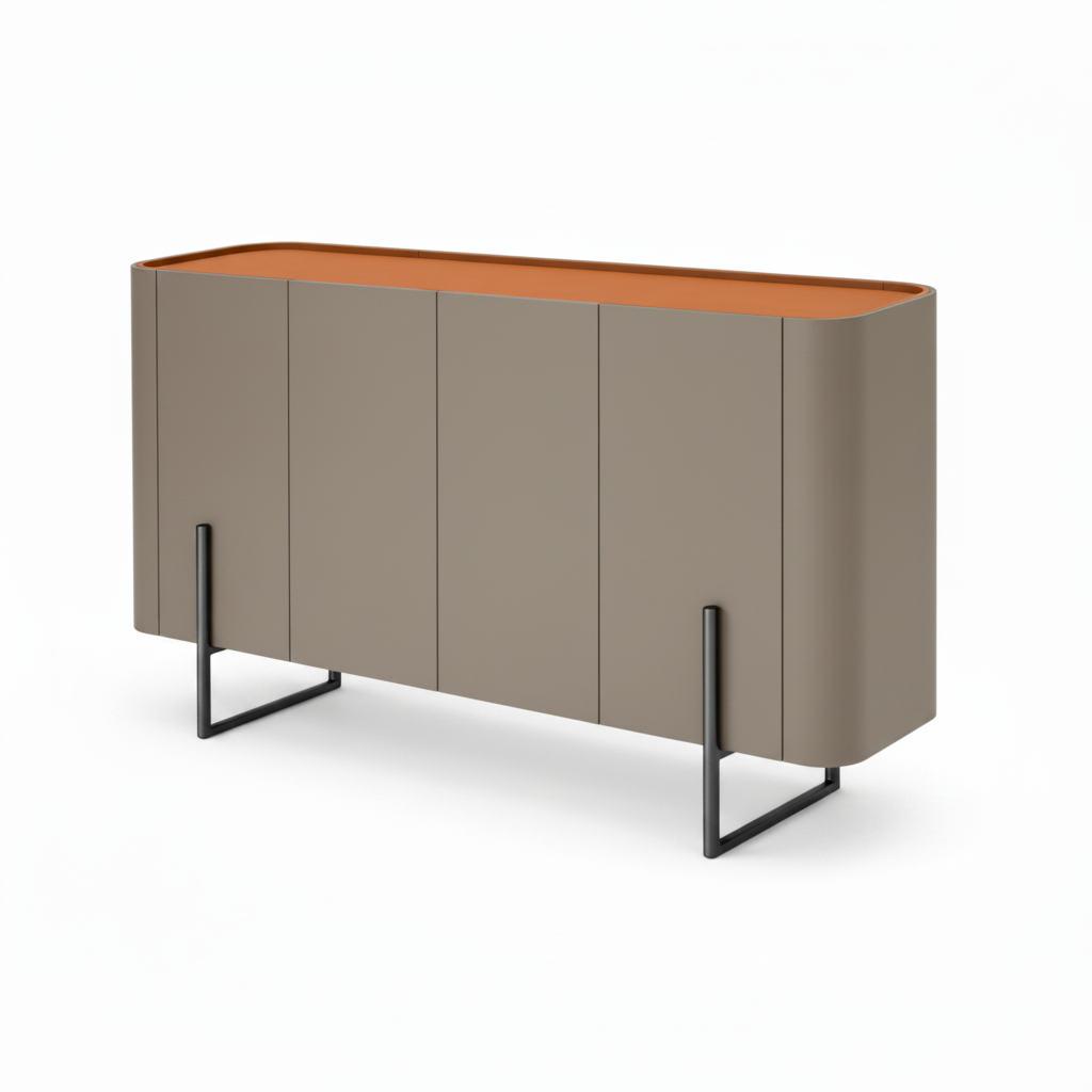 Coralie Sideboard right side view showing the curved cabinet, saddle leather top, dark handles, and stainless steel legs on a white background.