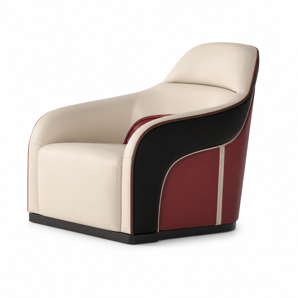 Cyrmont Auren Accent Chair three-quarter view with cream leather upholstery and a solid wood frame