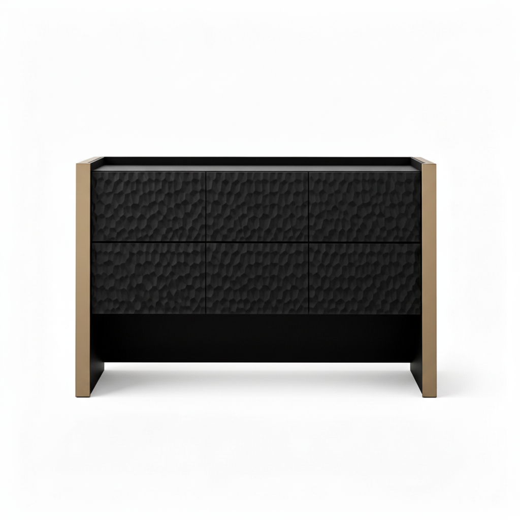 Davena Sideboard straight-on front view with dark textured panels and no metal handles on a white background.