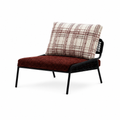 Dorellis Elarique Accent Chair with red fabric seat, patterned back cushion, and black frame on a white background.