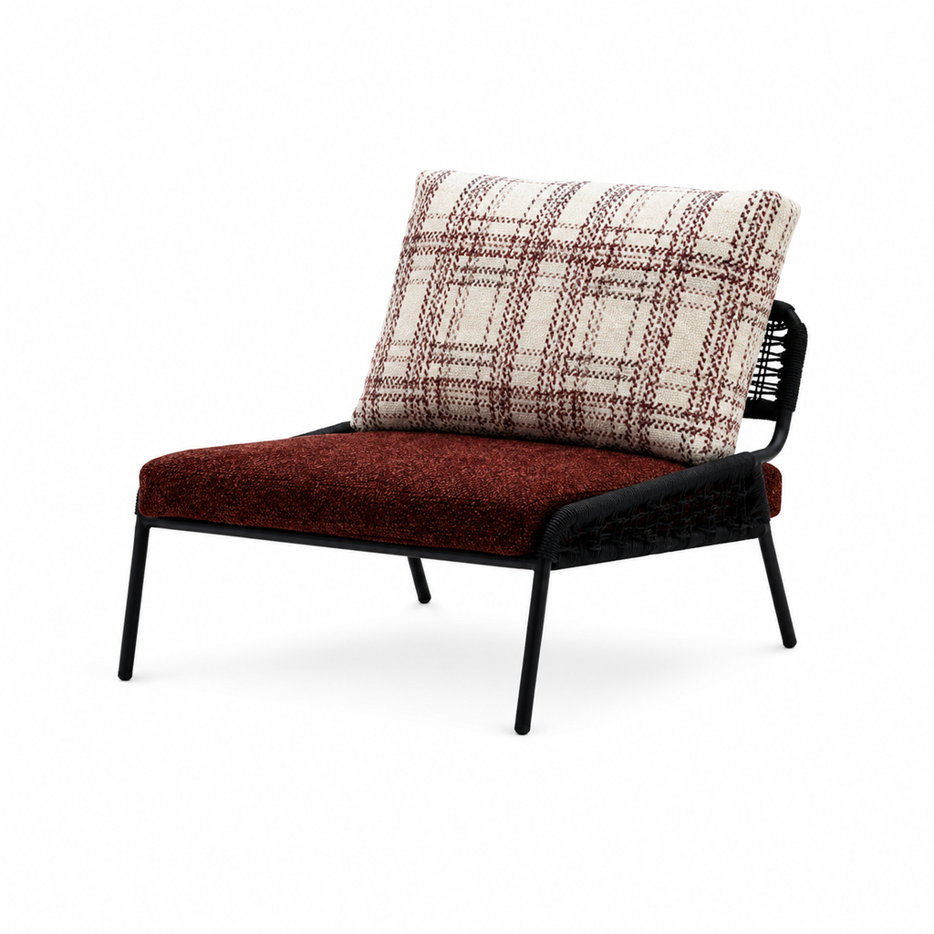 Dorellis Elarique Accent Chair with red fabric seat, patterned back cushion, and black frame on a white background.