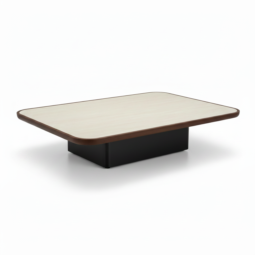 Dorevane Coffee Table, left-near right-far 45-degree view with ivory top and black plinth base