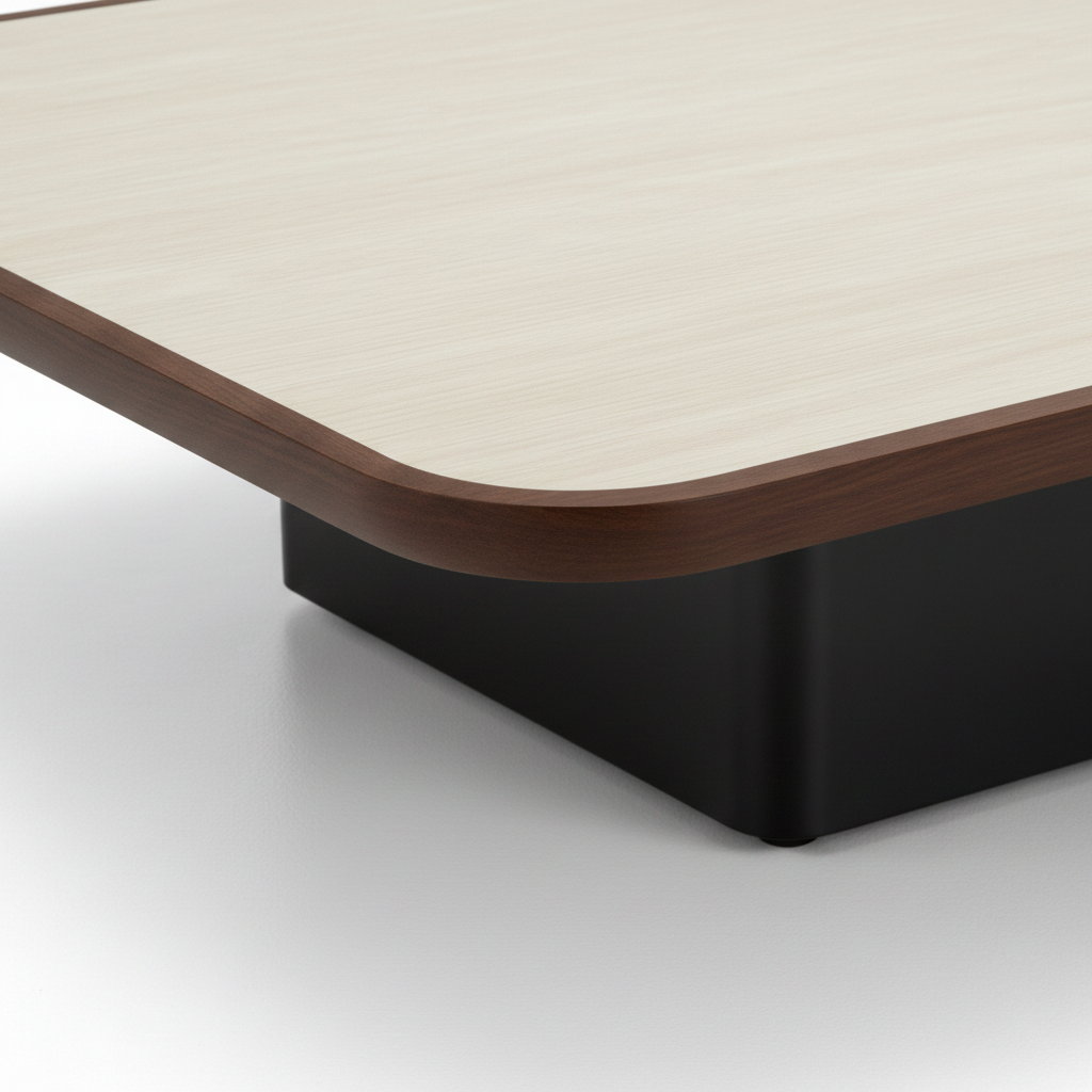 Dorevane Coffee Table detail of ivory tabletop and dark brown rounded wood edge