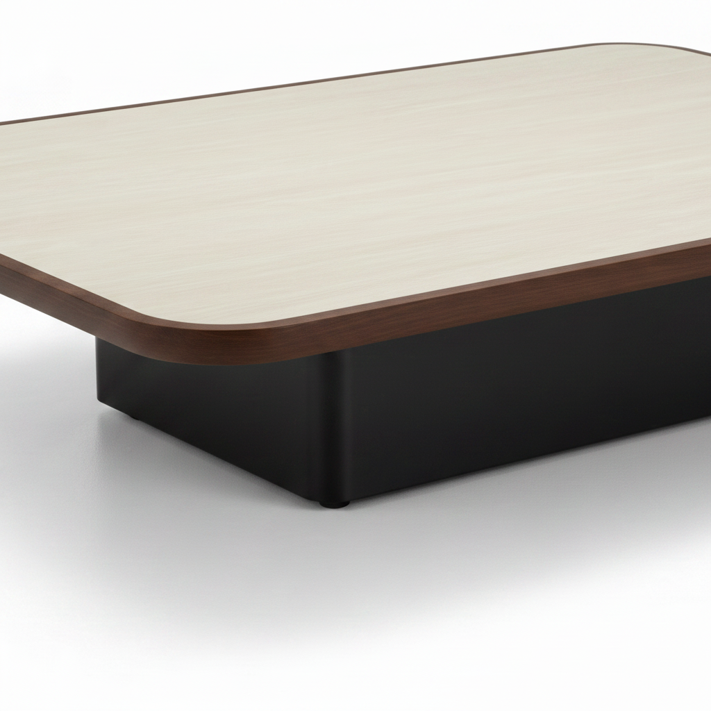 Dorevane Coffee Table detail of dark brown tabletop edge and matte black plinth base