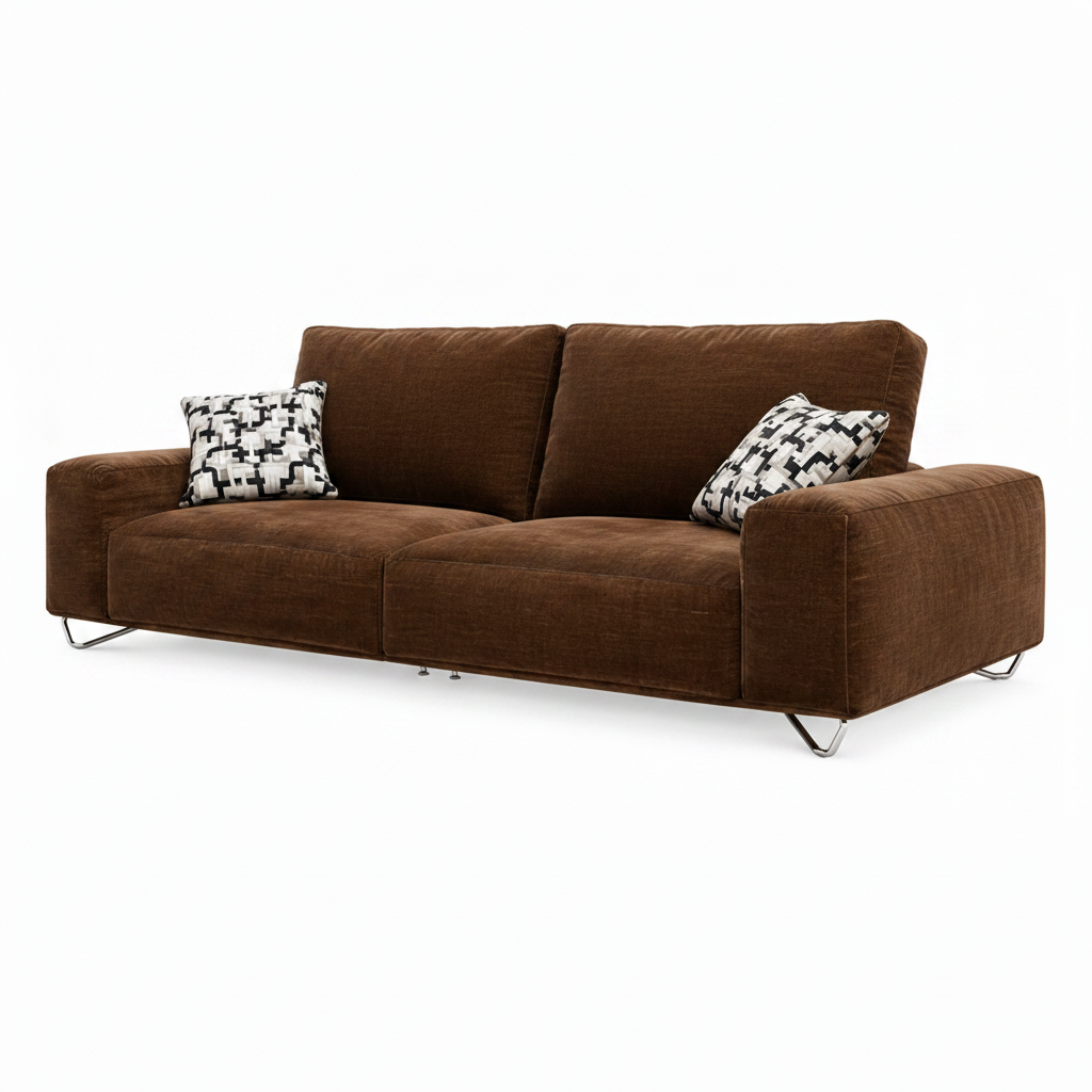 Elandro Sofa in chocolate brown fabric, wide right-front 45-degree view