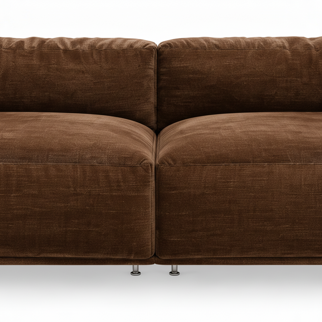 Elandro Sofa chocolate brown fabric center cushion and back seam close-up