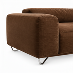 Elandro Sofa chocolate brown fabric right arm and metal leg close-up