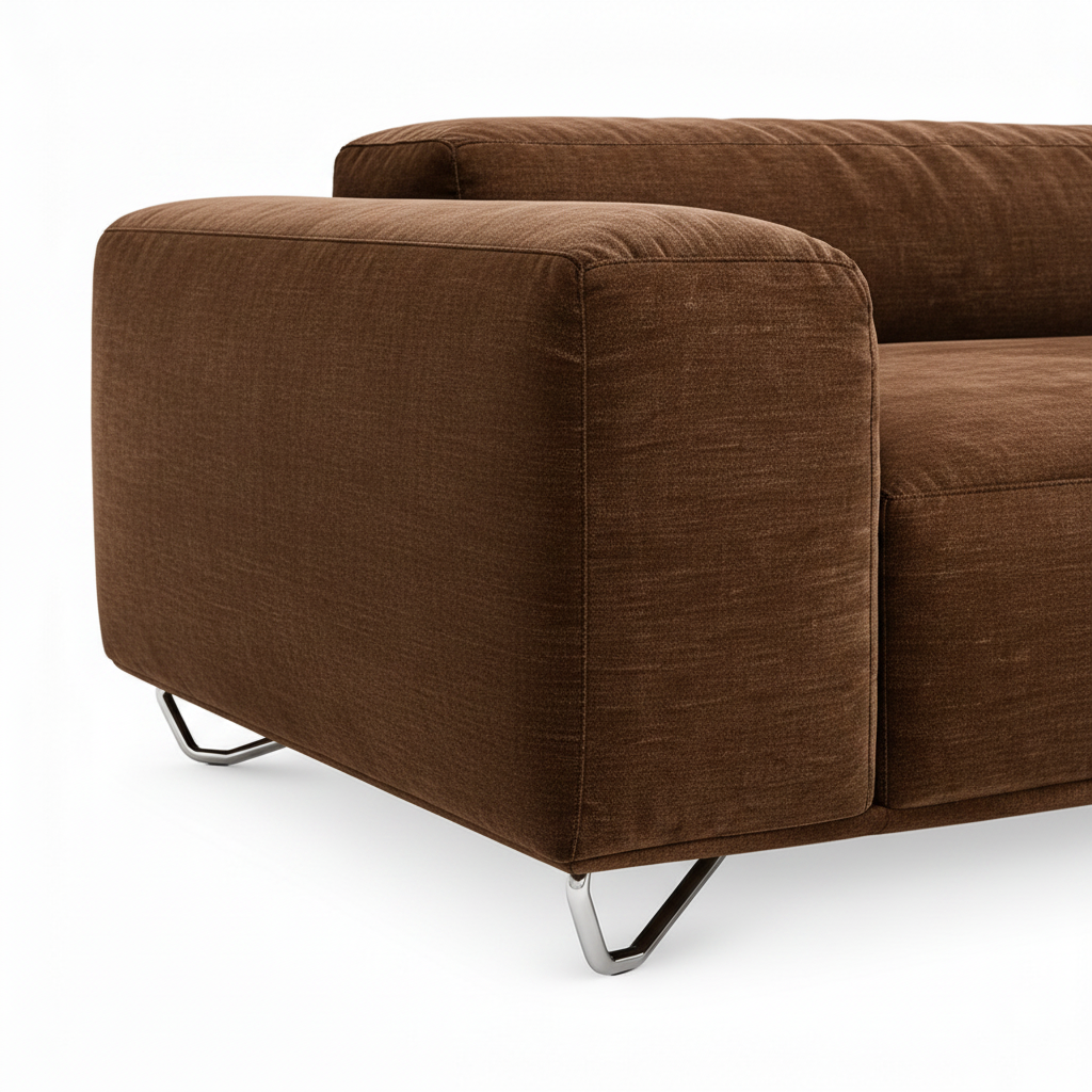 Elandro Sofa chocolate brown fabric right arm and metal leg close-up