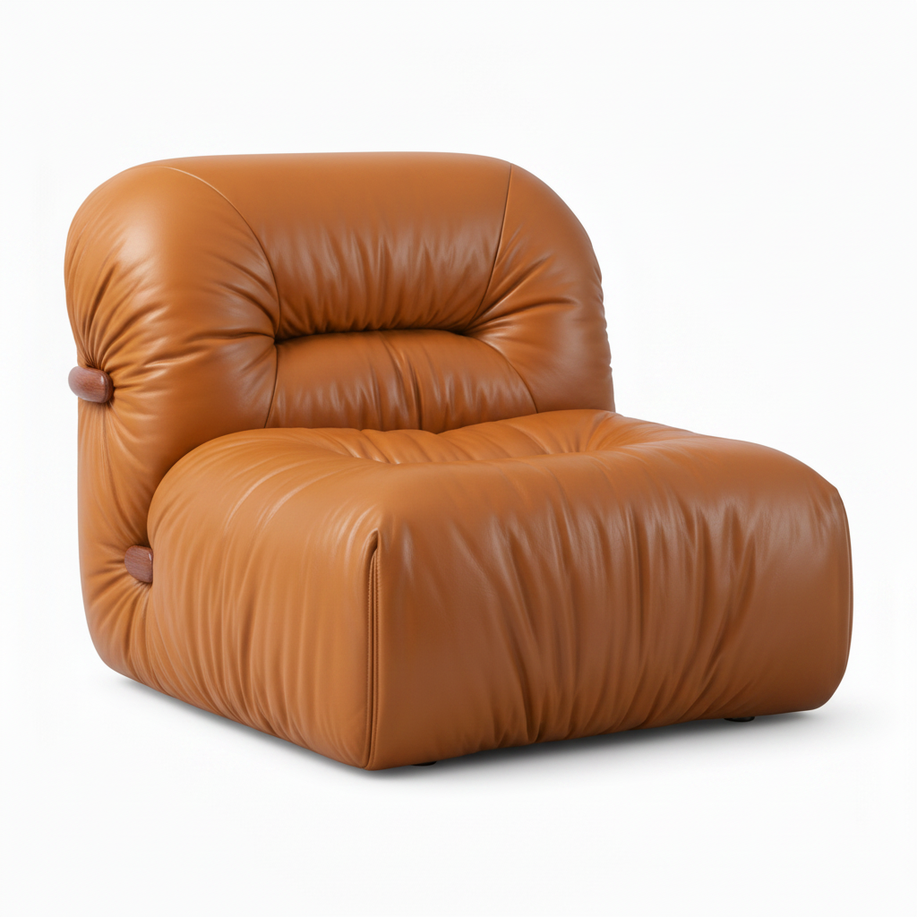 Elarenzo Leather Accent Chair in tan leather, front right three-quarter view showing the rounded arms and seat.