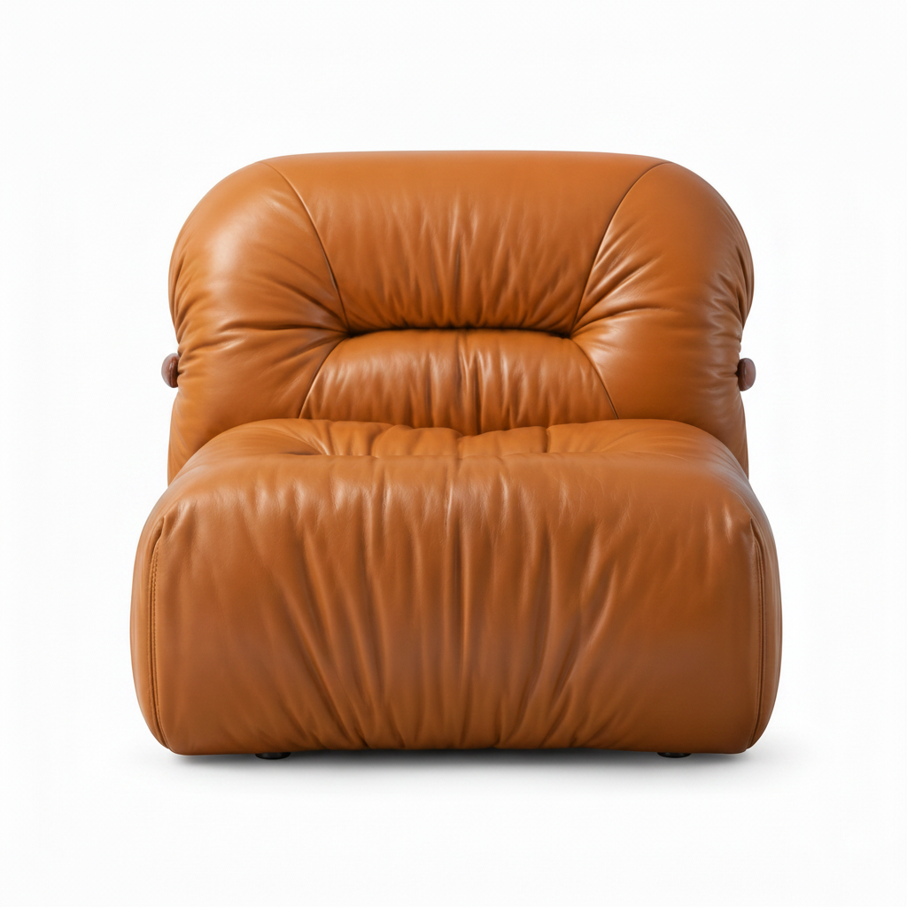Elarenzo Leather Accent Chair in tan leather, straight front view showing the rounded back and cushioned seat.