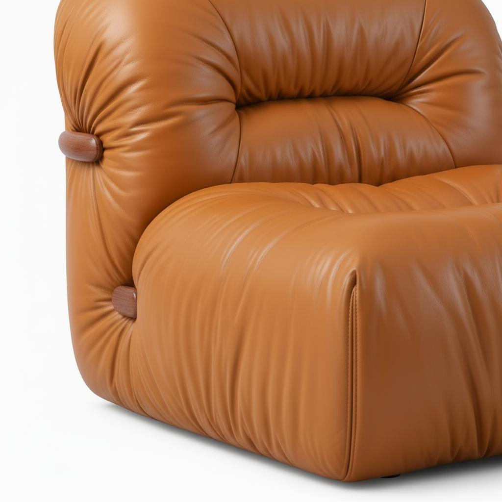 Elarenzo Leather Accent Chair tan leather close-up showing upholstery creases, seams, and side buttons.