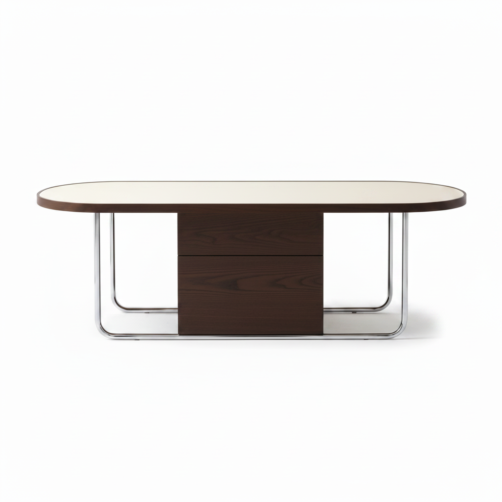 Esvarin Coffee Table straight front view with wood top and metal frame