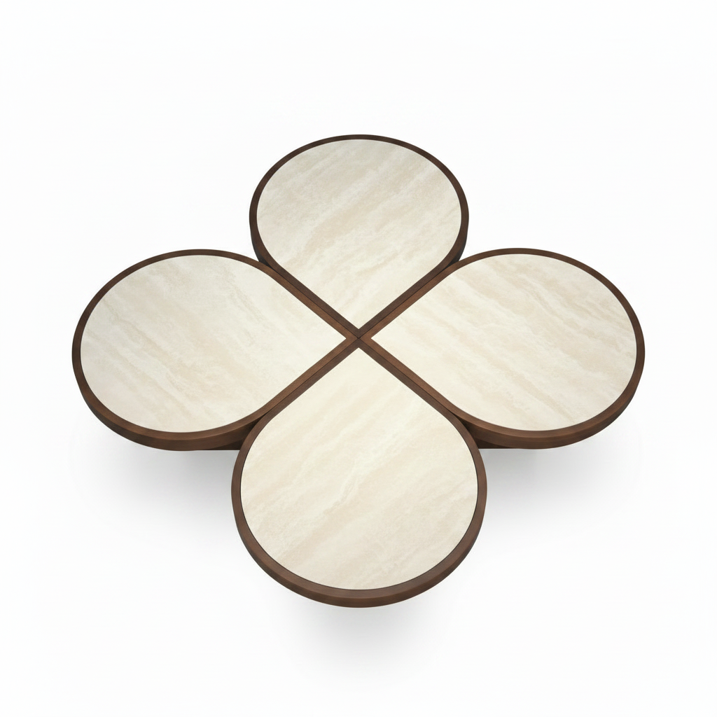 Evaroque Coffee Table overhead view showing four rounded tabletop sections and center crossing on white background