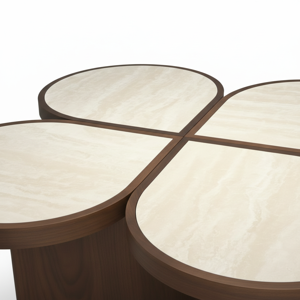 Evaroque Coffee Table light tabletop surface, rounded edges and dark wood border detail close-up