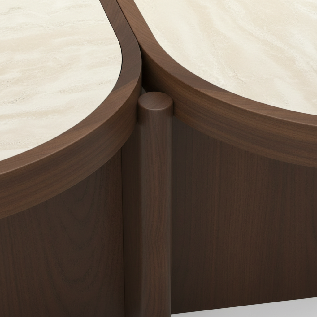 Evaroque Coffee Table center crossing, dark wood support and tabletop connection detail close-up