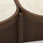 Evaroque Coffee Table center crossing, dark wood support and tabletop connection detail close-up
