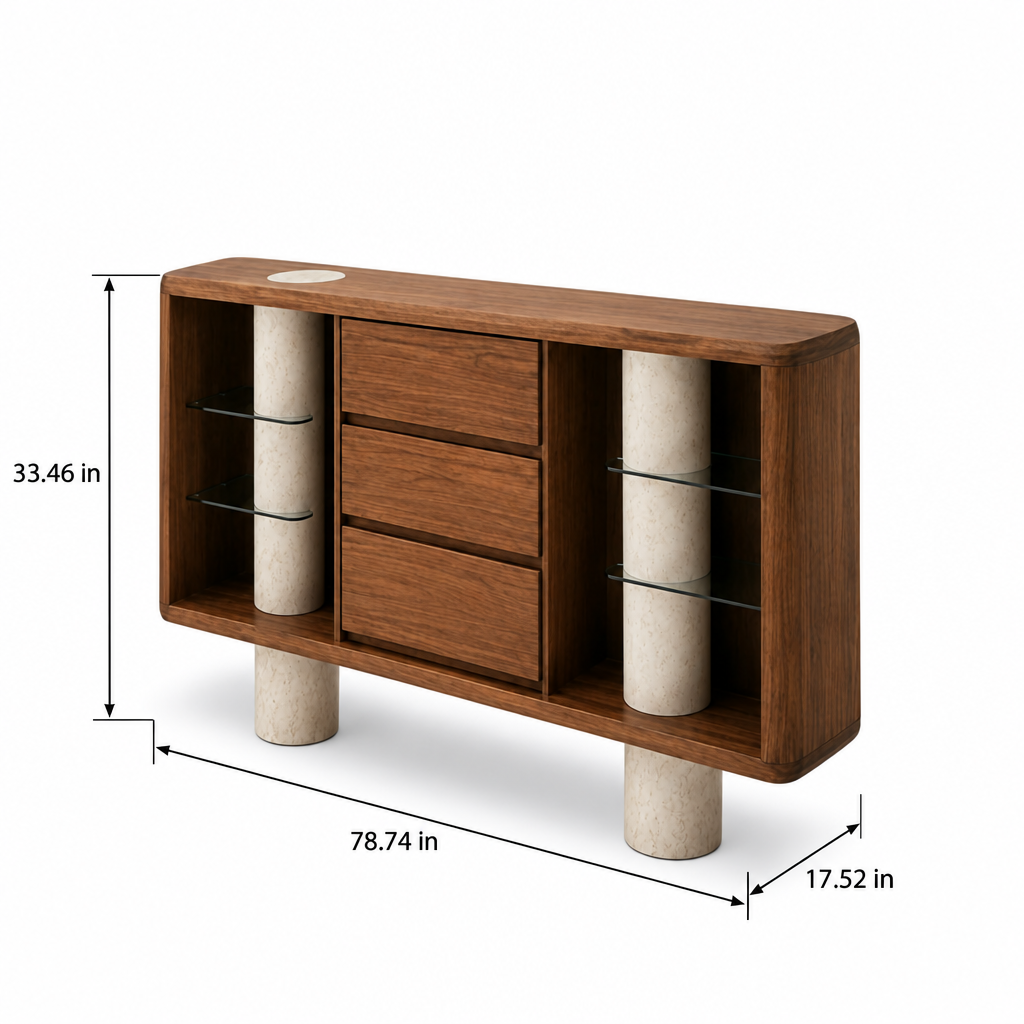 Faron Leather Sideboard dimension diagram showing 78.74-inch length, 17.52-inch width, and 33.46-inch height