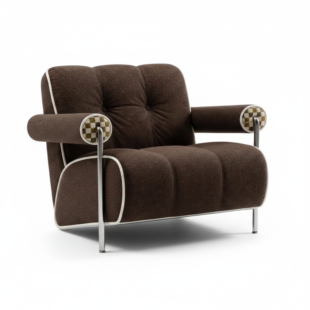 Feralisse Accent Chair three-quarter view showing the brown leather seat, curved backrest, and silver metal frame