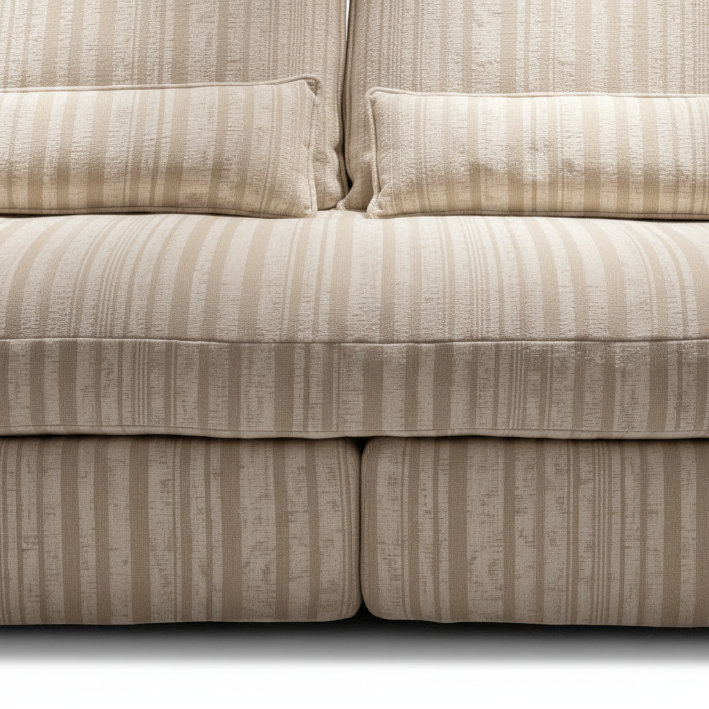 Ferlano Sofa ivory ribbed fabric seat and back cushion seam close-up