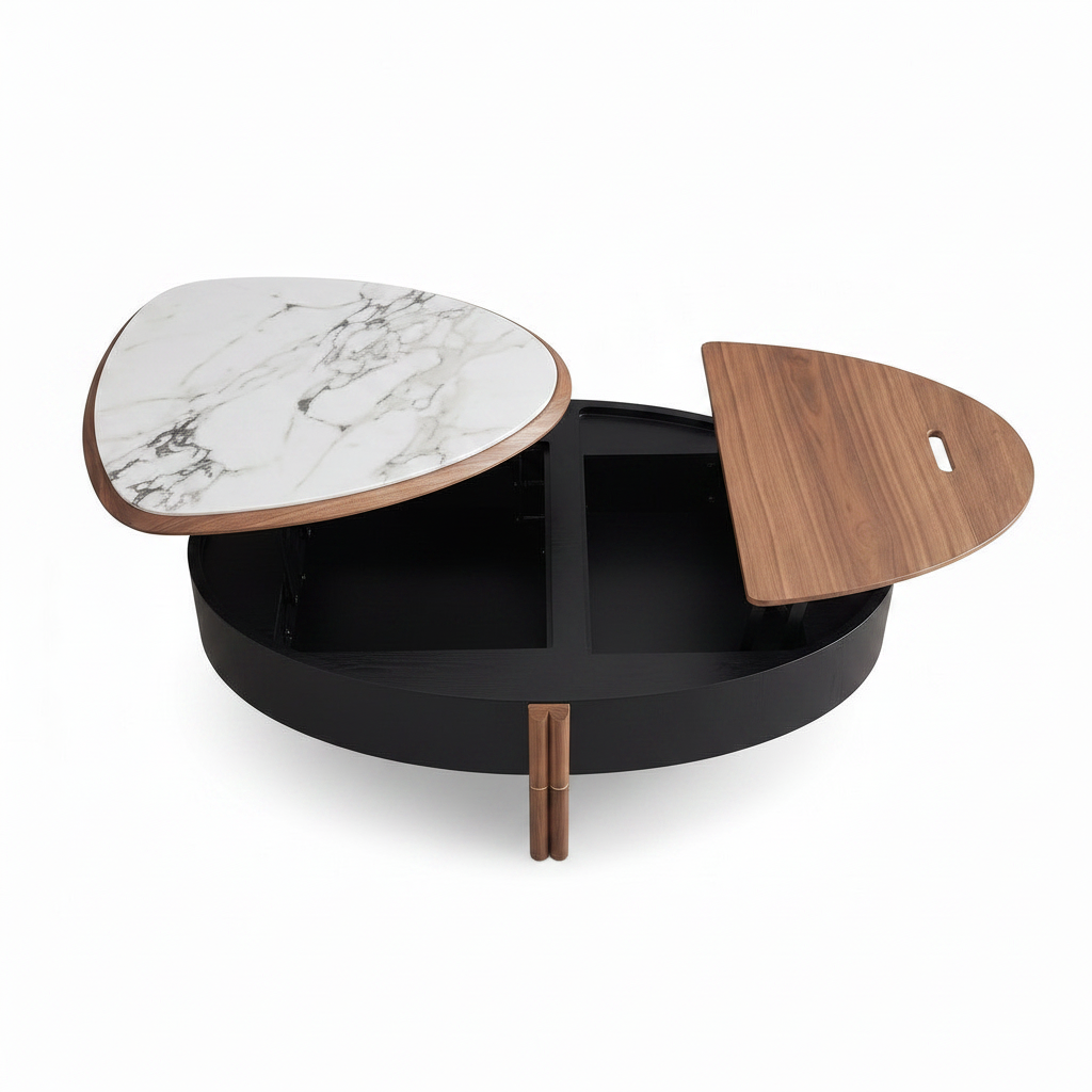 Ferlienne Coffee Table elevated top view with two open storage panels