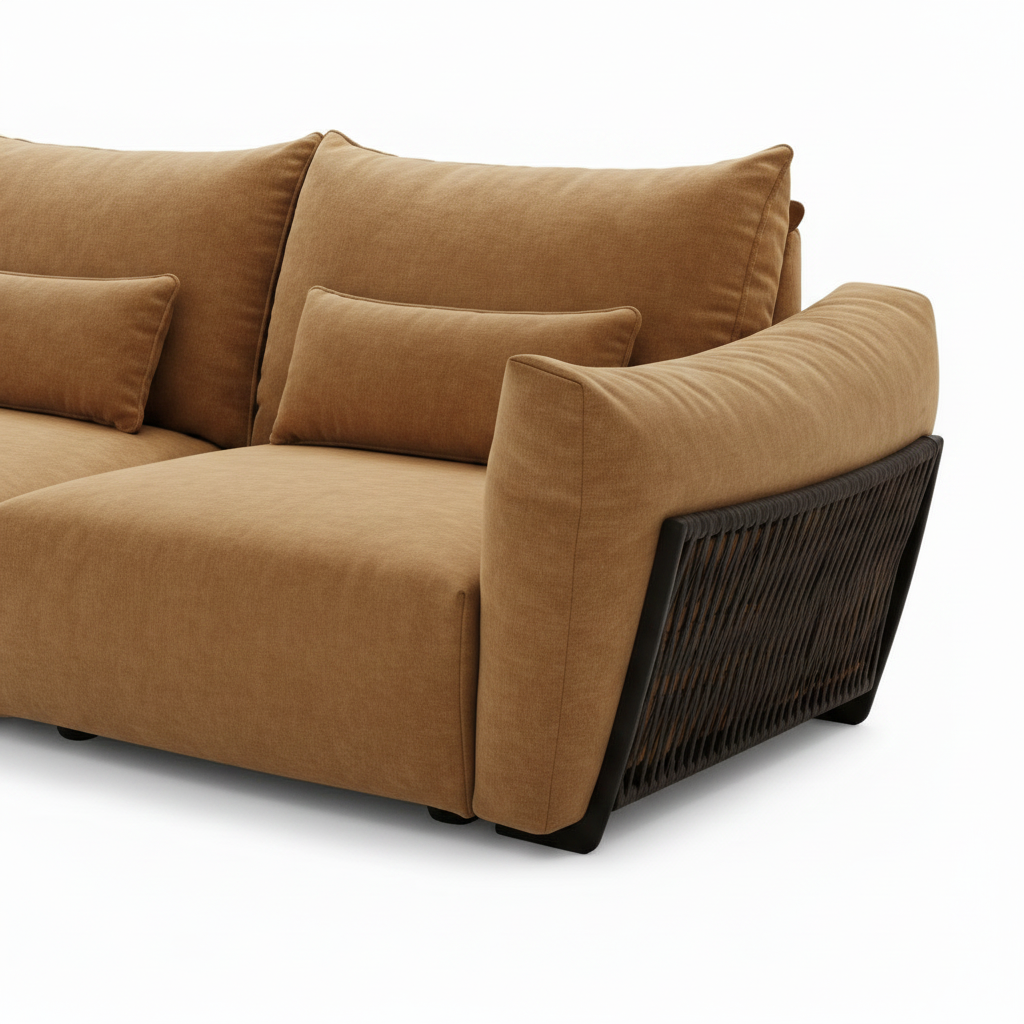 Fiorenne 3 Seater Sofa camel fabric right arm and woven side panel close-up