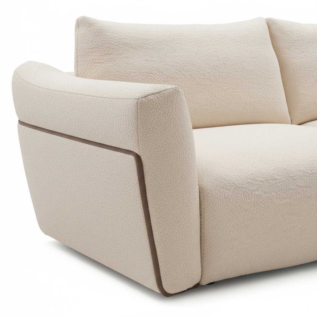 Fiorenne Loveseat ivory fabric right arm and side base close-up