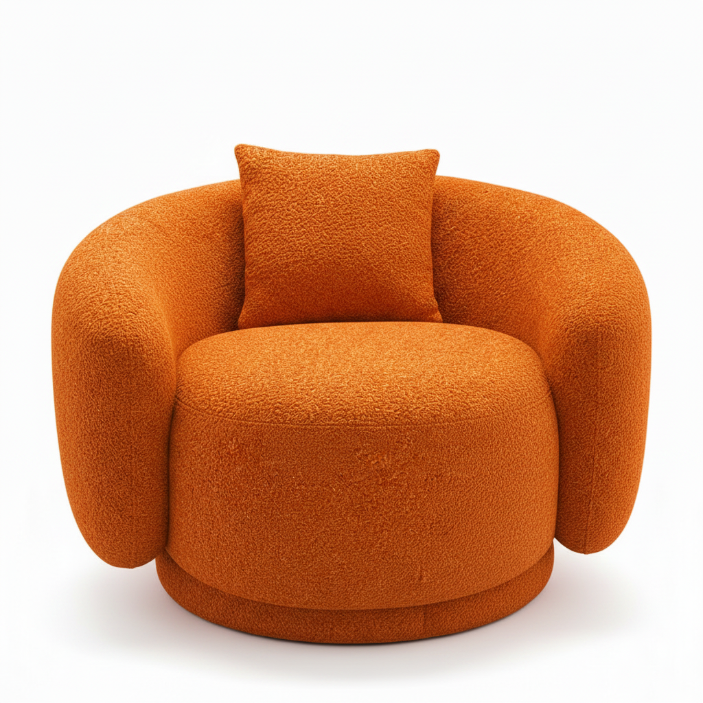 Franchet Accent Chair straight front view with rounded arms, orange upholstery, seat cushion, and back cushion