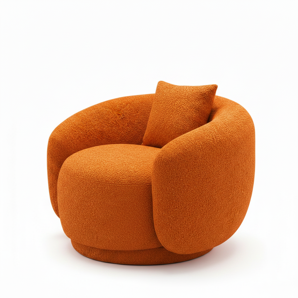 Franchet Accent Chair right-side view with seating opening facing left and orange textured fabric